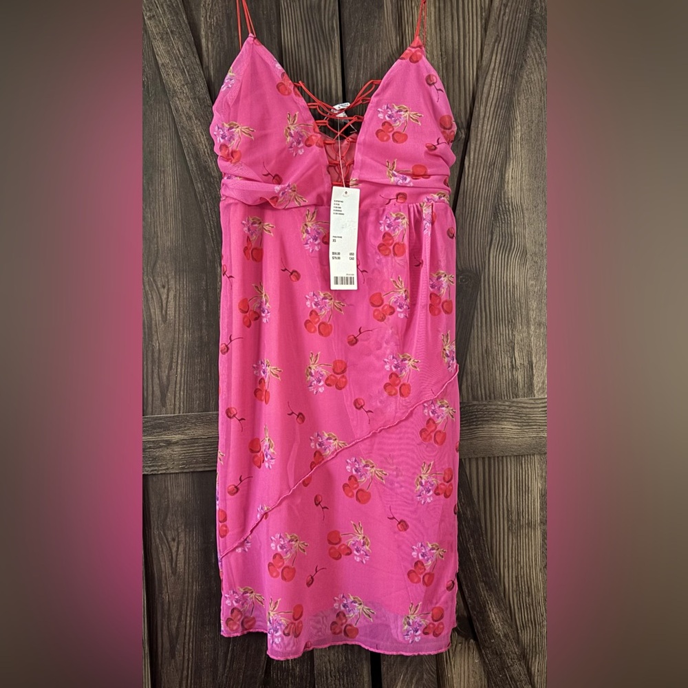 Urban Outfitters BNWT Pink Cherries Lace-Up Mini Dress - Picture 4 of 6